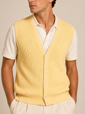 Vintage Bobby Jones 100% Cotton Golf Sweater Vest Yellow Button Front Mens L